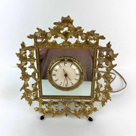 Ormolu Vintage Hollywood Regency Mirror Clock Easel Table Top Electric - Picture 1 of 11